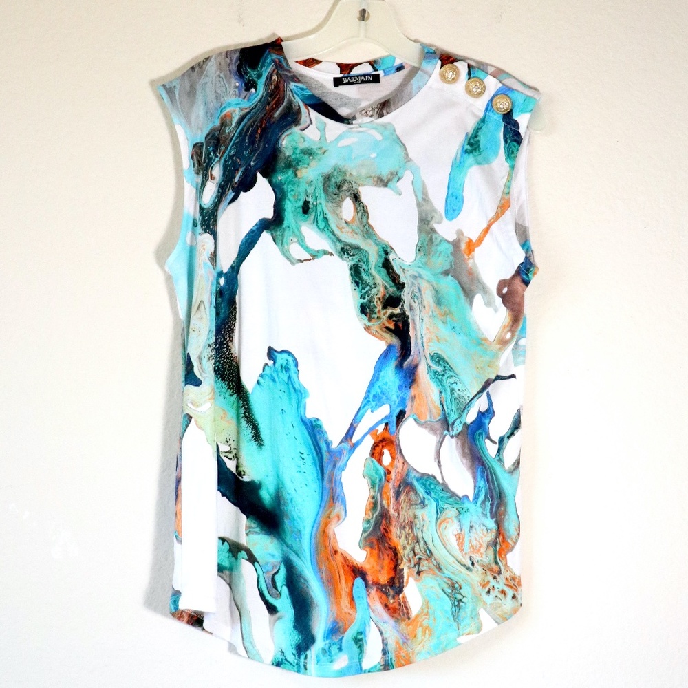Sleeveless cotton Balmain top in an abstract watercolor print - Picture 8 of 11